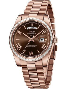 Nibosi Men's Rose Brown Analog Quartz Diamond Bezel Stainless Waterproof Watch